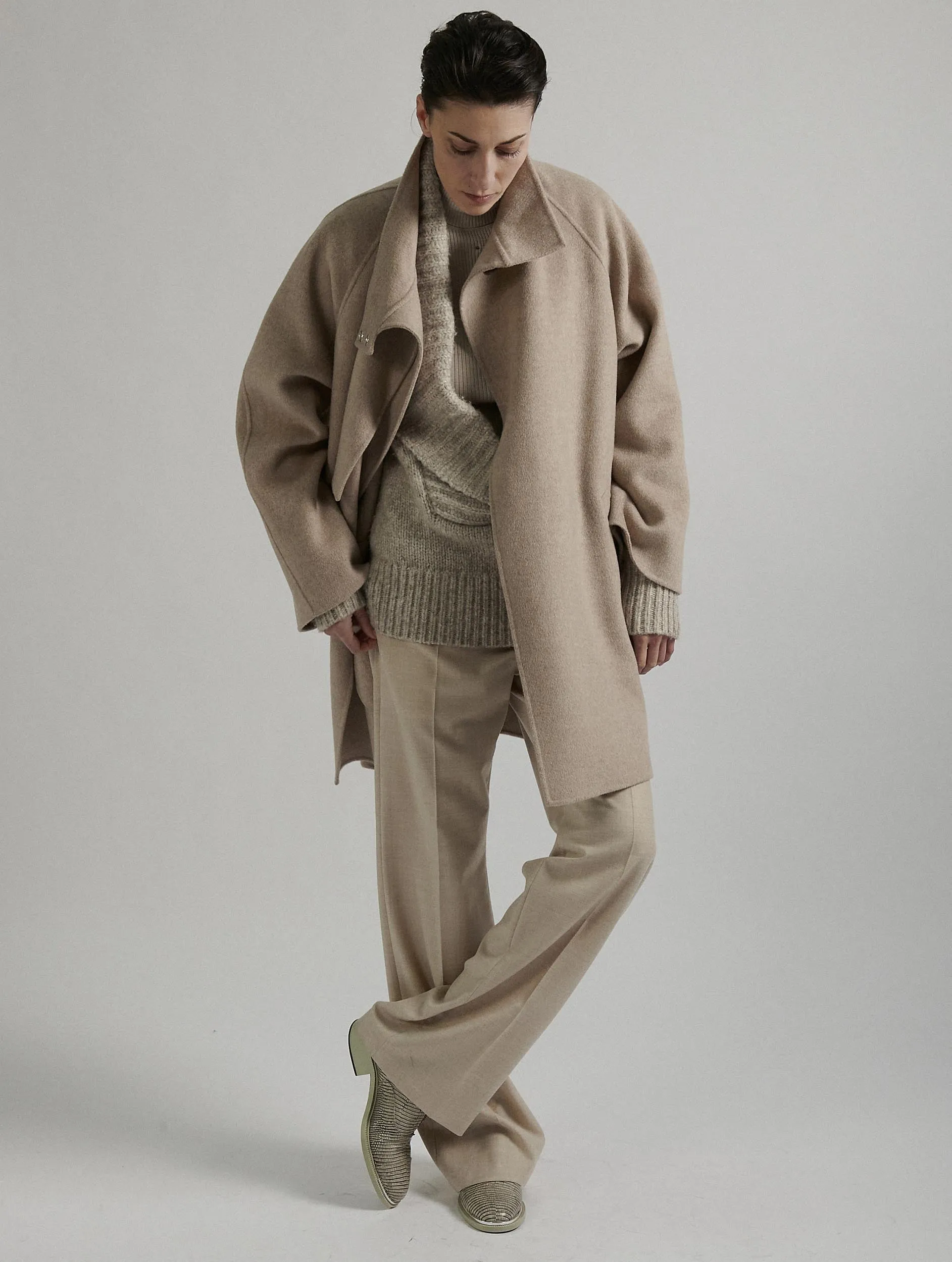 Sand High-Collar Coat Double-Faced Wool