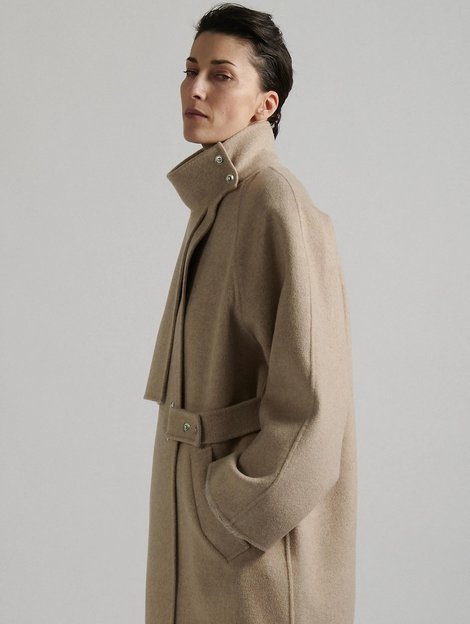 Sand High-Collar Coat Double-Faced Wool