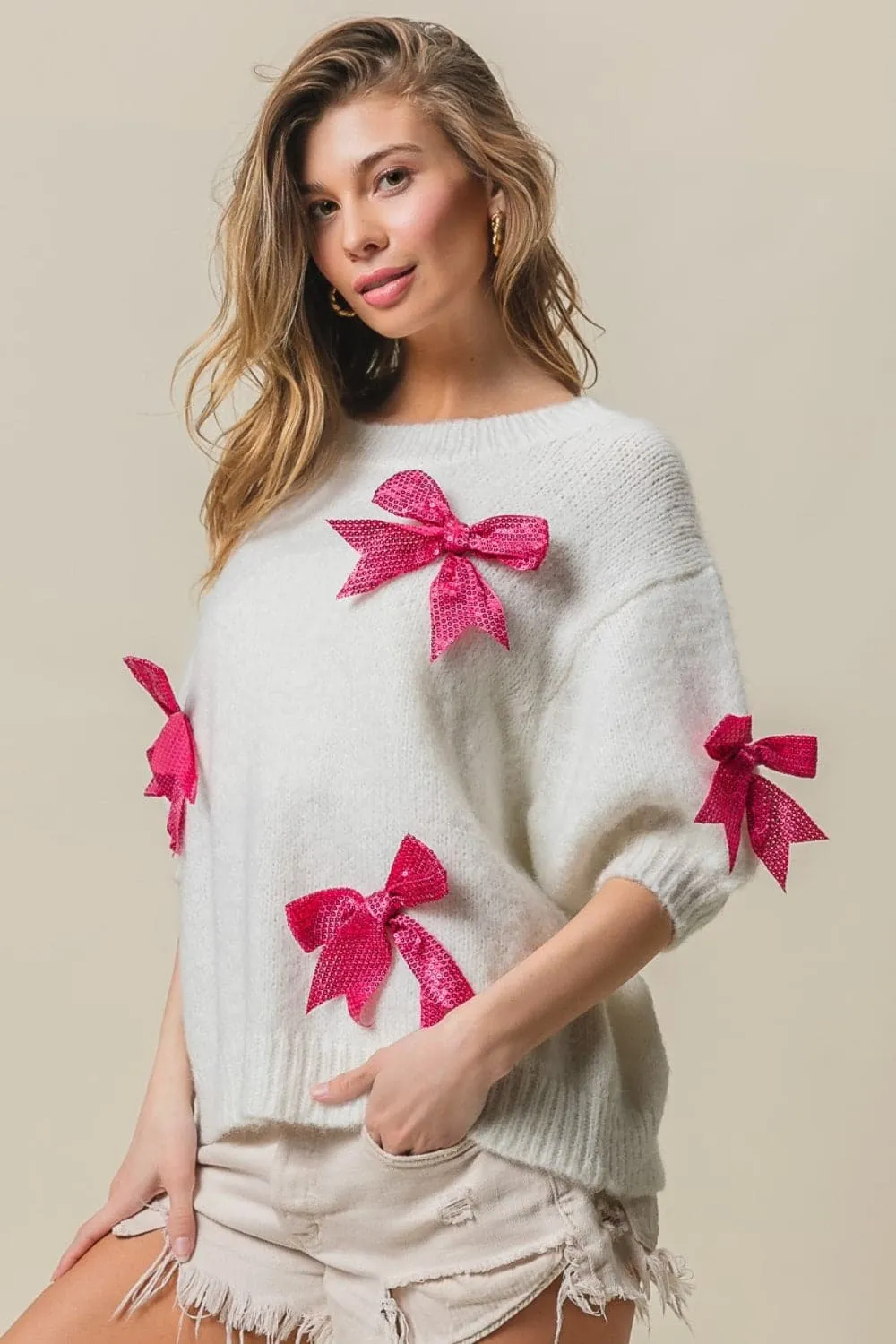 Sequin Bow Puff Sleeve Sweater by BiBi - Shop Now