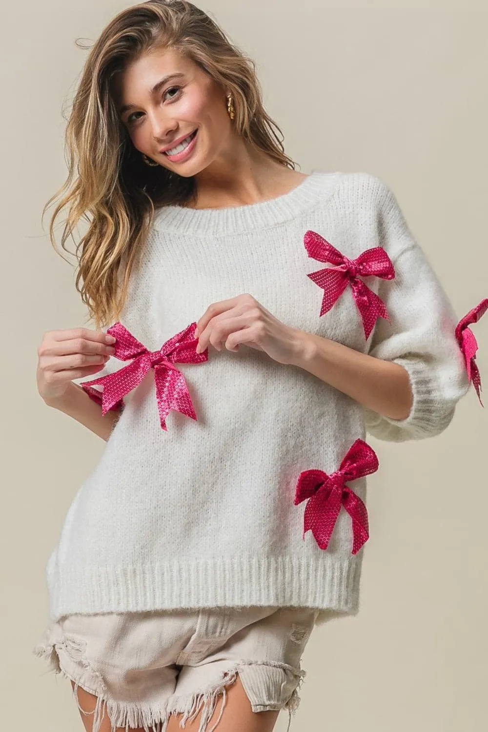 Sequin Bow Puff Sleeve Sweater by BiBi - Shop Now