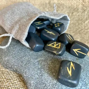 Shungite Rune Set Natural Linen Drawstring Bag