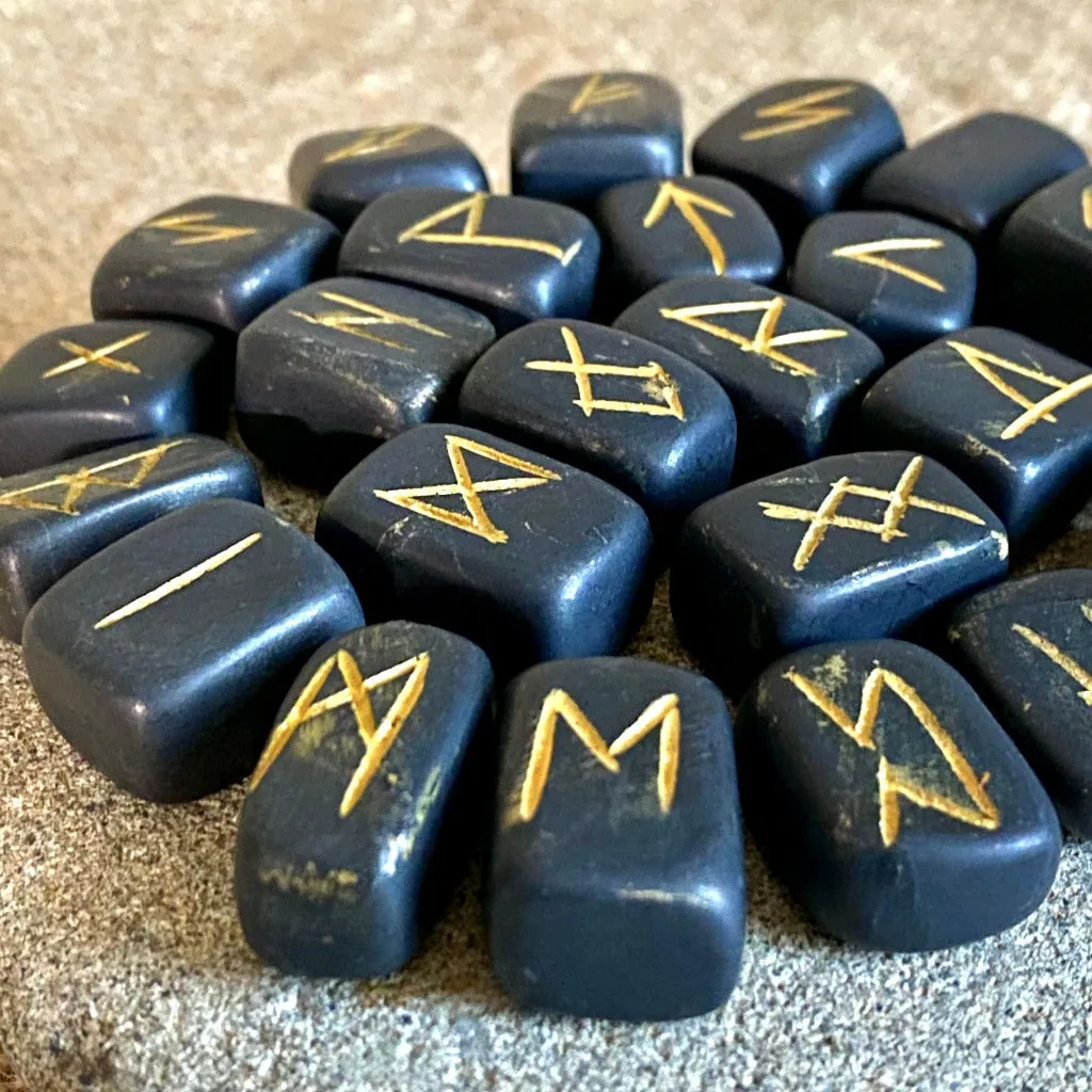 Shungite Rune Set Natural Linen Drawstring Bag