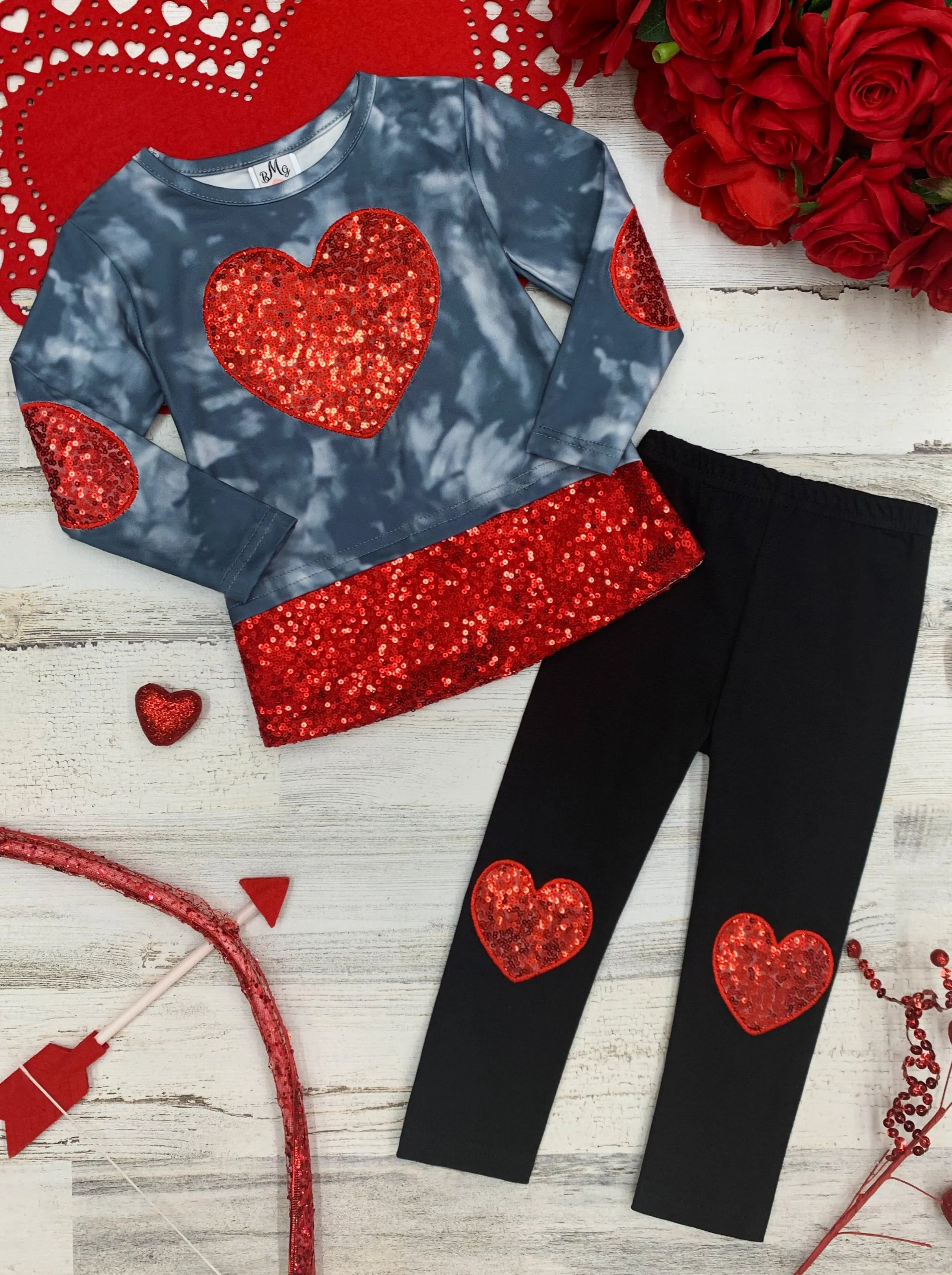 Sparkling Heart Sequin Patch Leggings Set