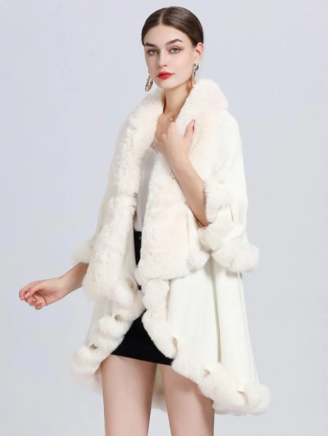 Spring Women's Poncho Cape with Faux Fur Collar - Outerwear.