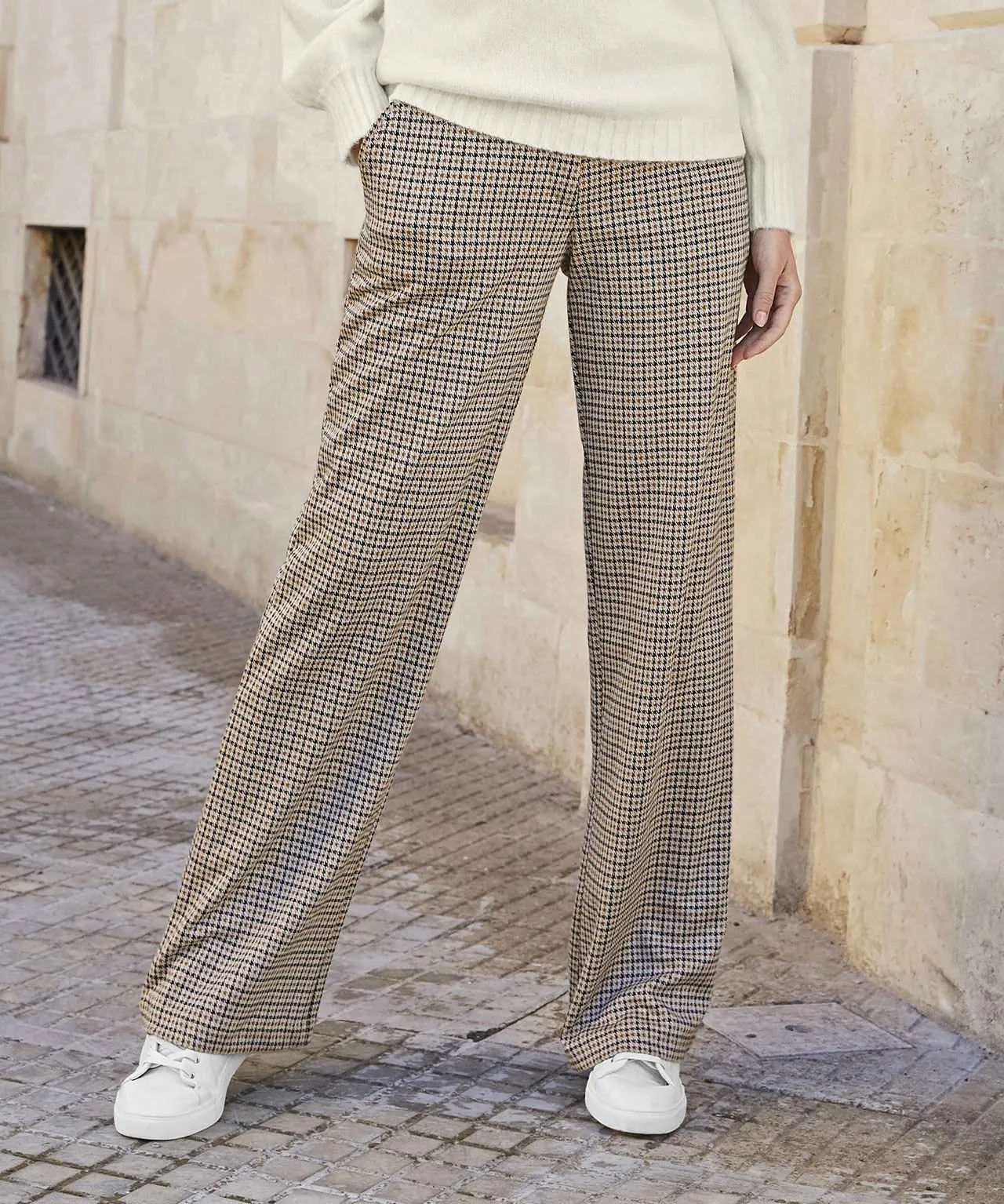 Stretchy Wide-leg Check Pants