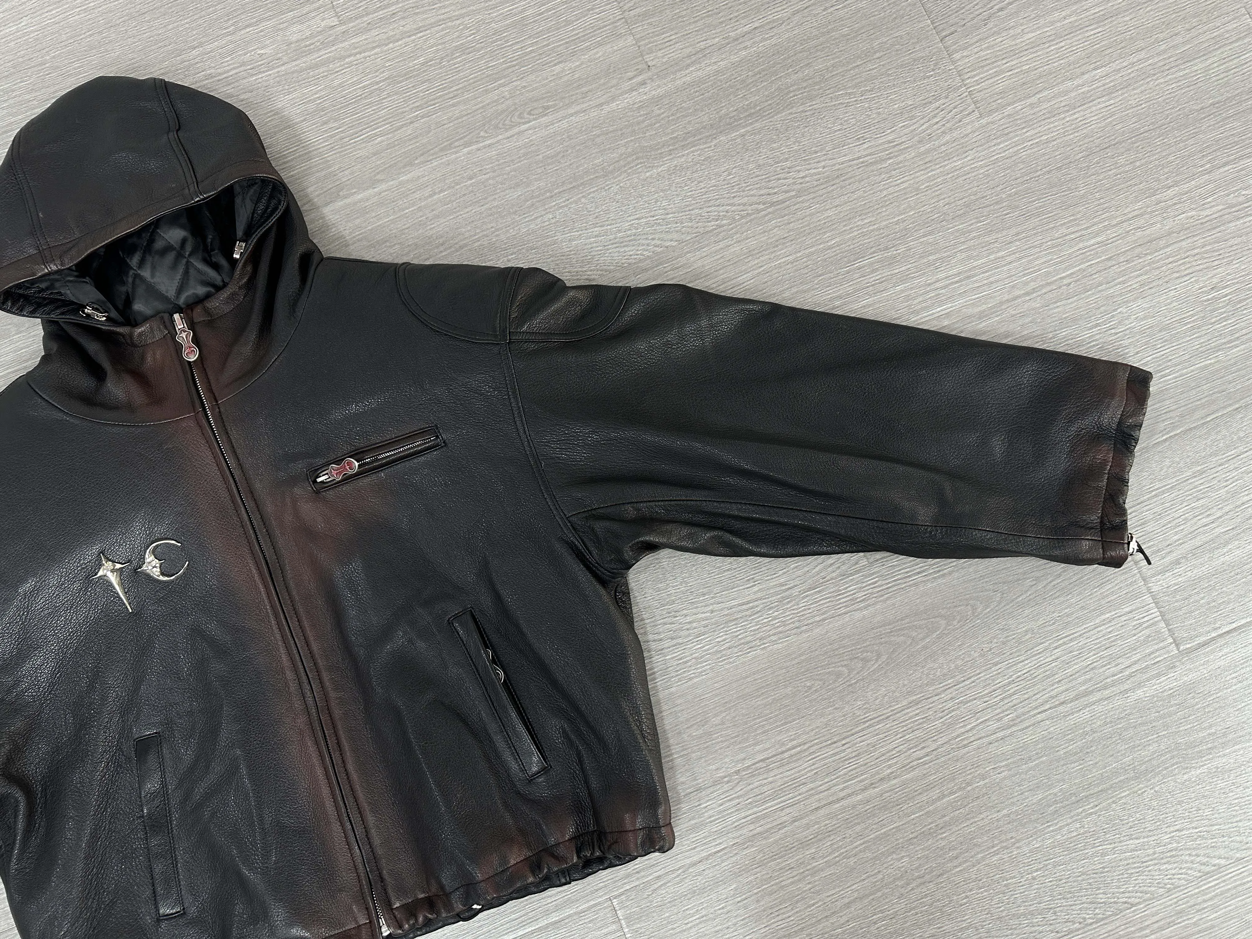 THUG CLUB Heavyweight Black Leather Hooded Jacket