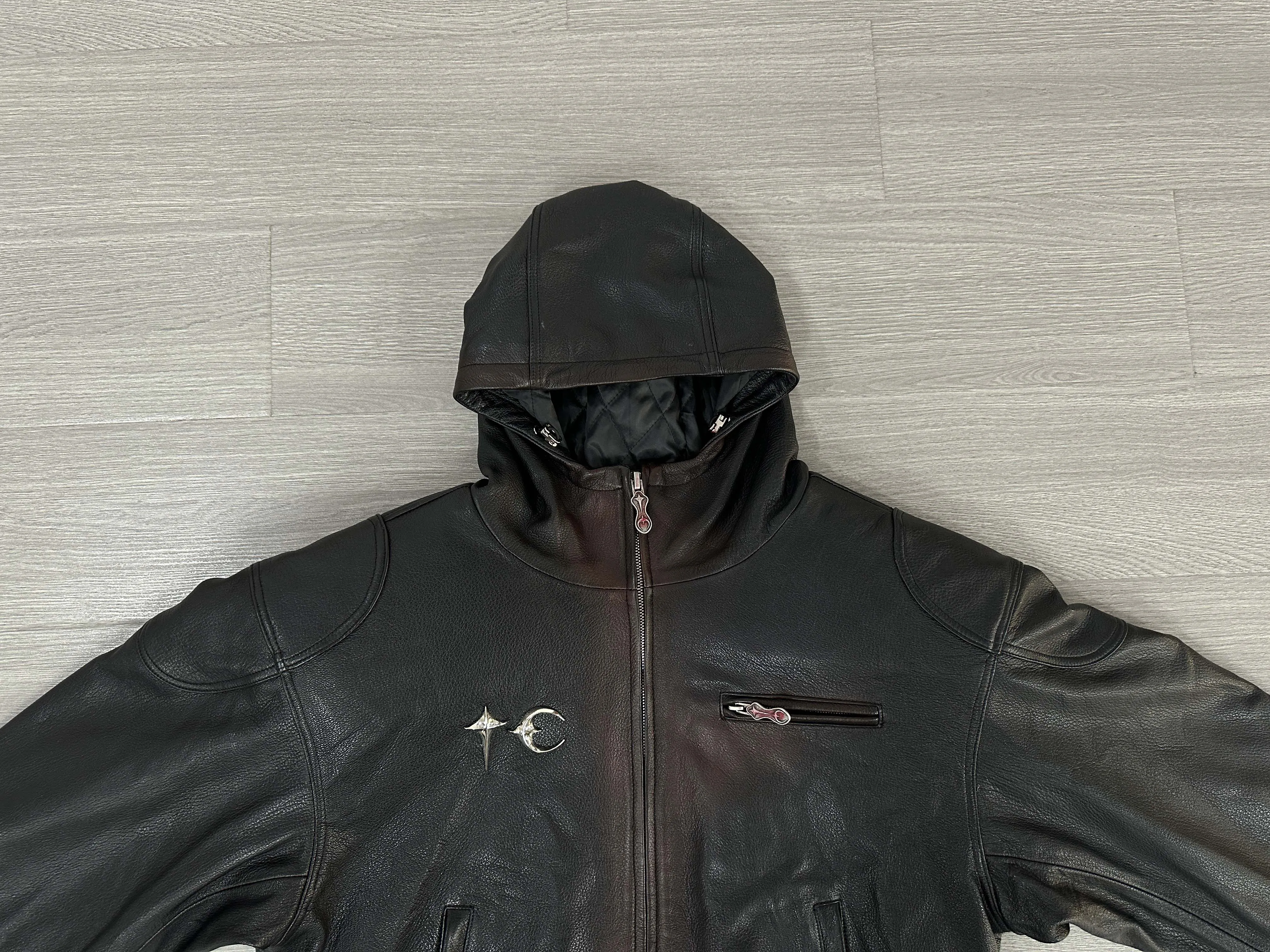 THUG CLUB Heavyweight Black Leather Hooded Jacket