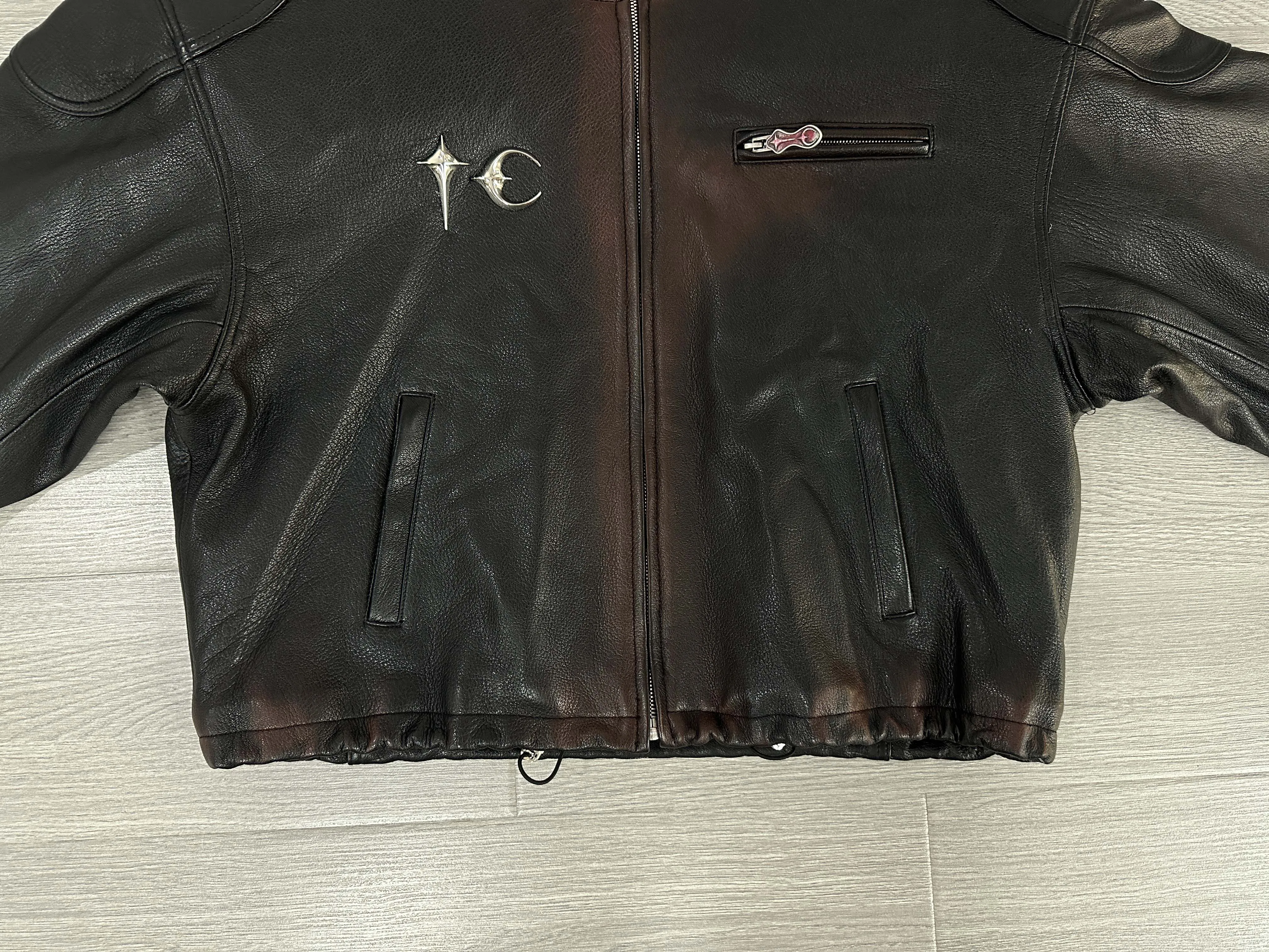 THUG CLUB Heavyweight Black Leather Hooded Jacket