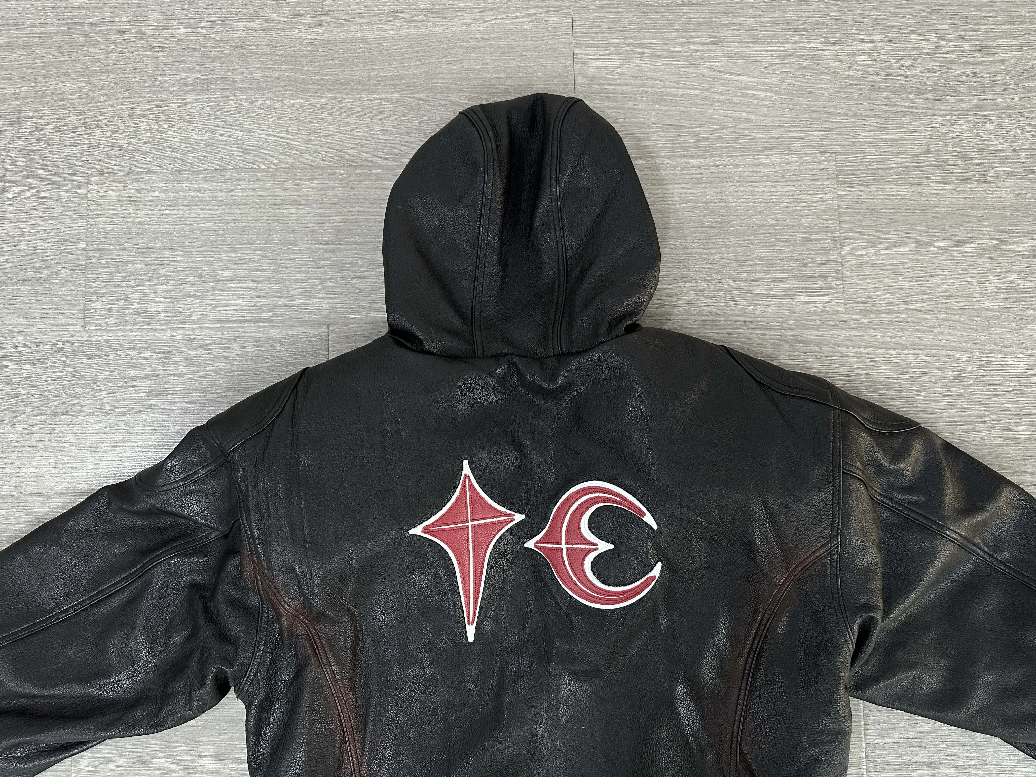 THUG CLUB Heavyweight Black Leather Hooded Jacket