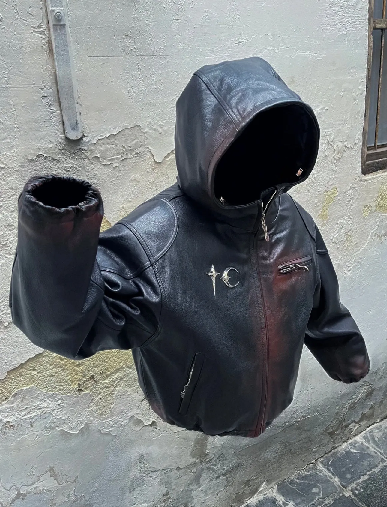 THUG CLUB Heavyweight Black Leather Hooded Jacket