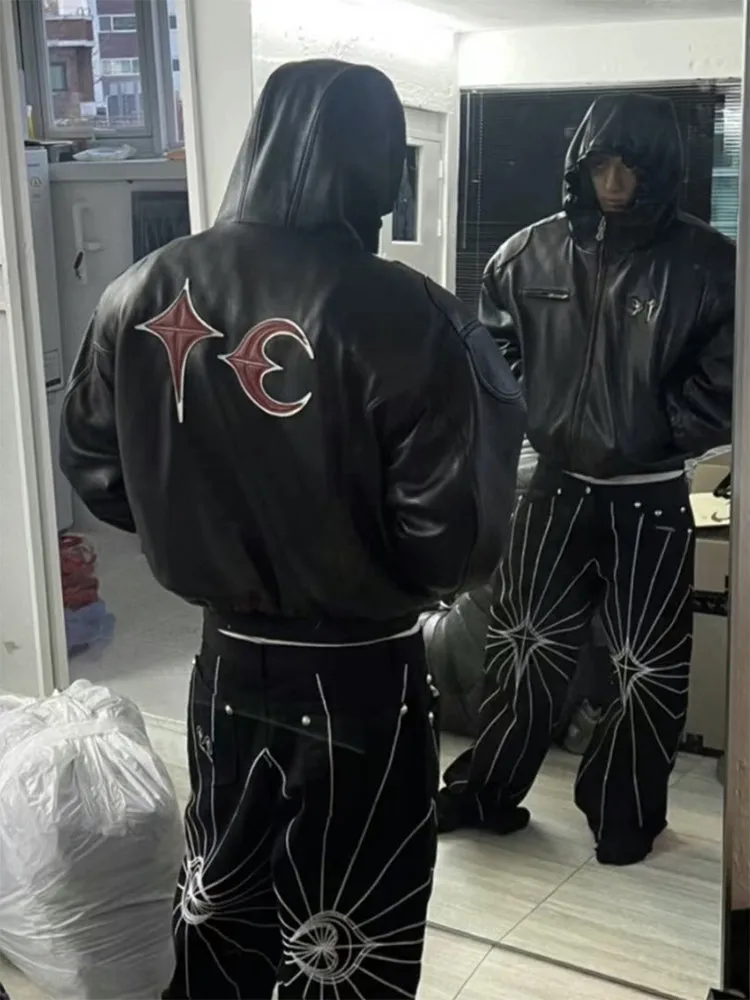 THUG CLUB Heavyweight Black Leather Hooded Jacket