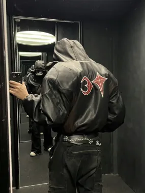 THUG CLUB Heavyweight Black Leather Hooded Jacket