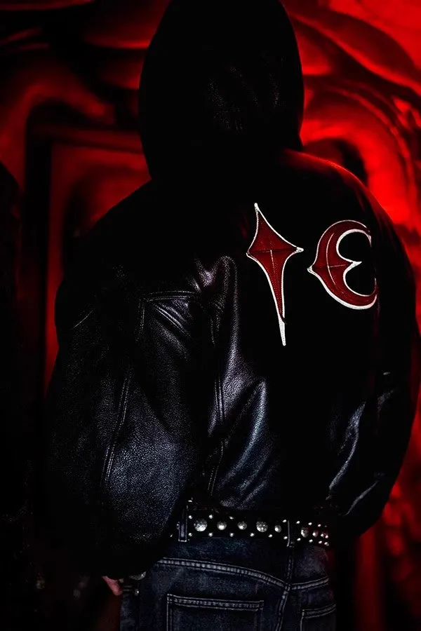 THUG CLUB Heavyweight Black Leather Hooded Jacket