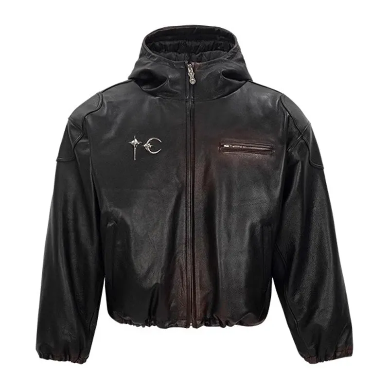 THUG CLUB Heavyweight Black Leather Hooded Jacket