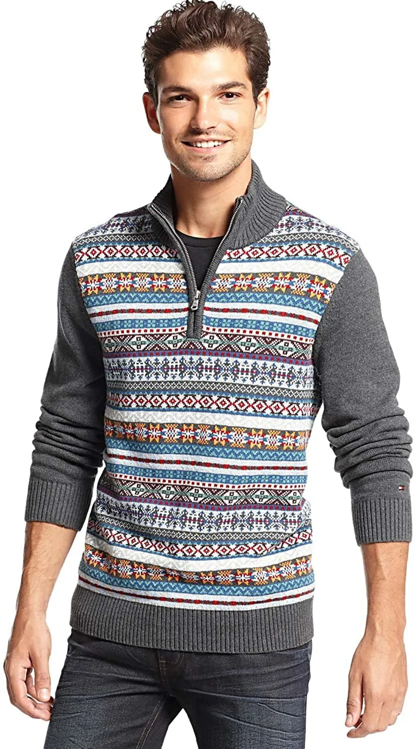 Tommy Hilfiger Fair Isle Sweater XXL Dark Grey Mockneck Zip - Heather Gray