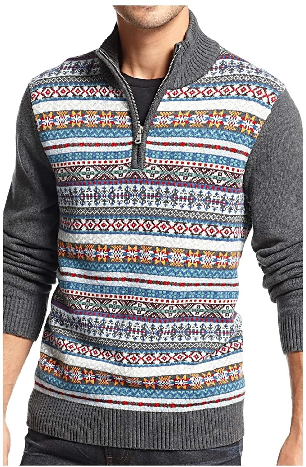 Tommy Hilfiger Fair Isle Sweater XXL Dark Grey Mockneck Zip - Heather Gray