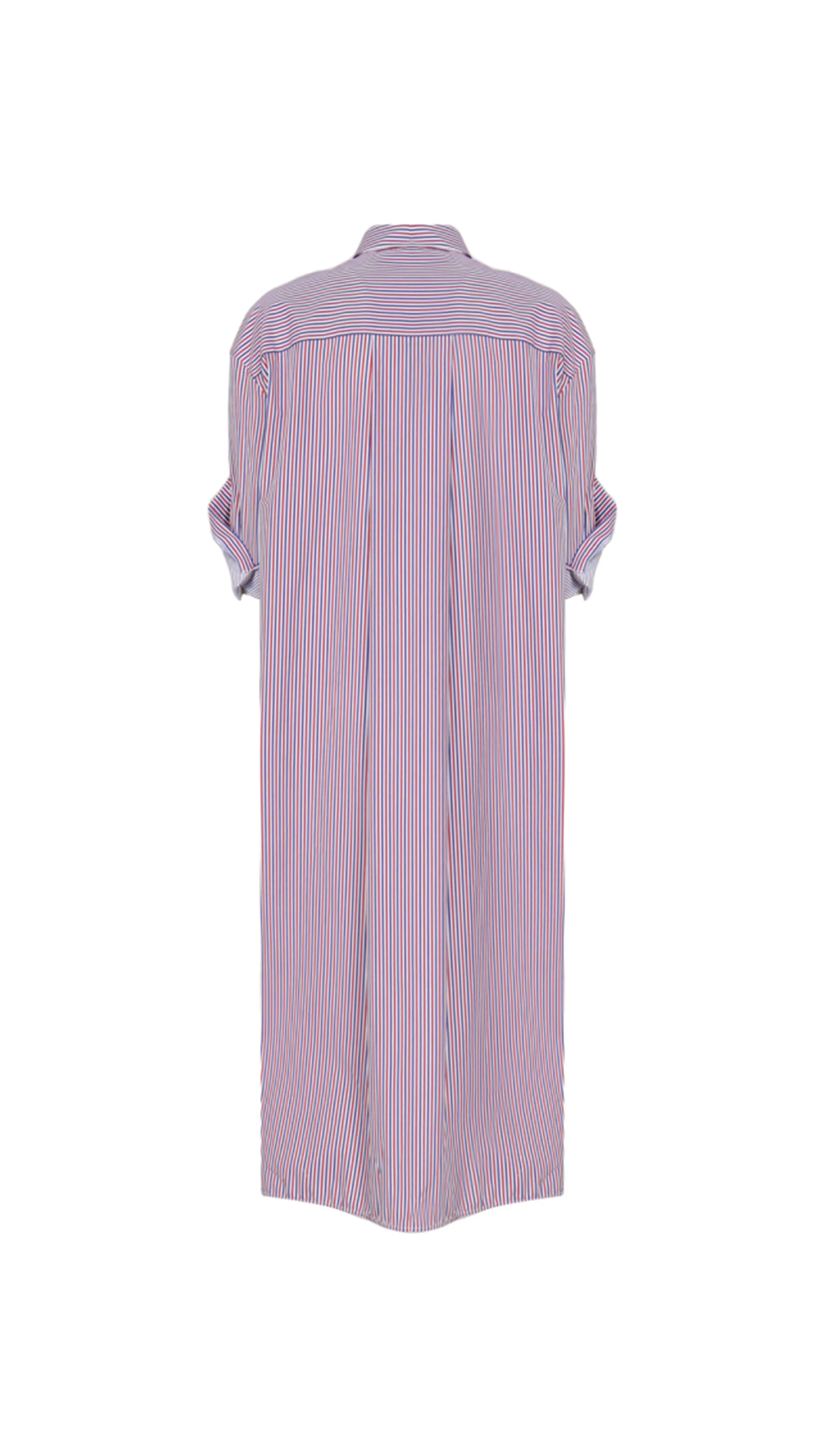 Blue Red White Striped Cotton Turn-up Shirt Dress