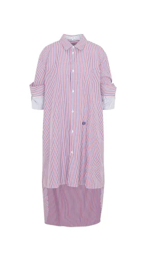 Blue Red White Striped Cotton Turn-up Shirt Dress