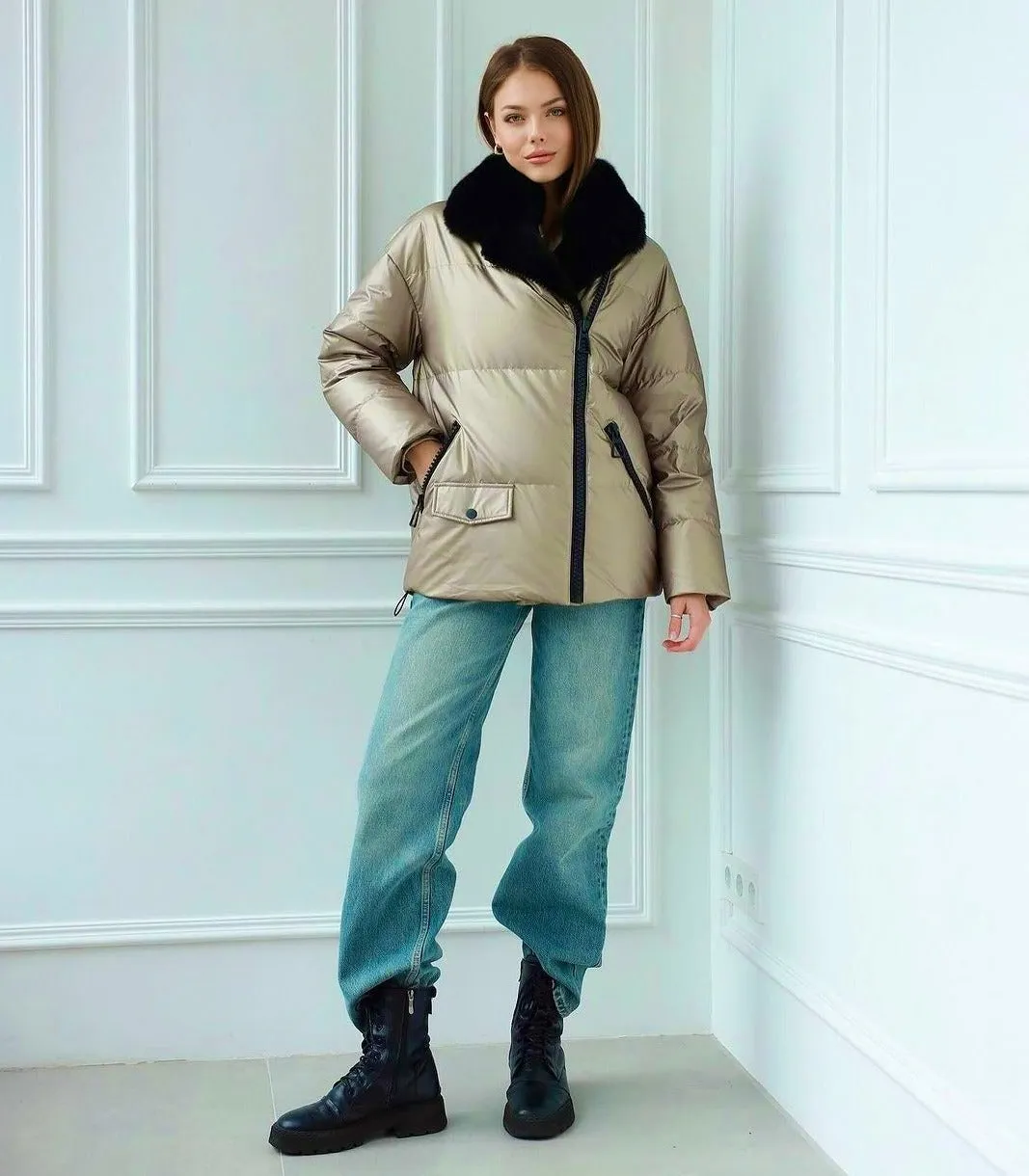 Water-Repellent Coat with Genuine Polar Fox Fur Down Fill