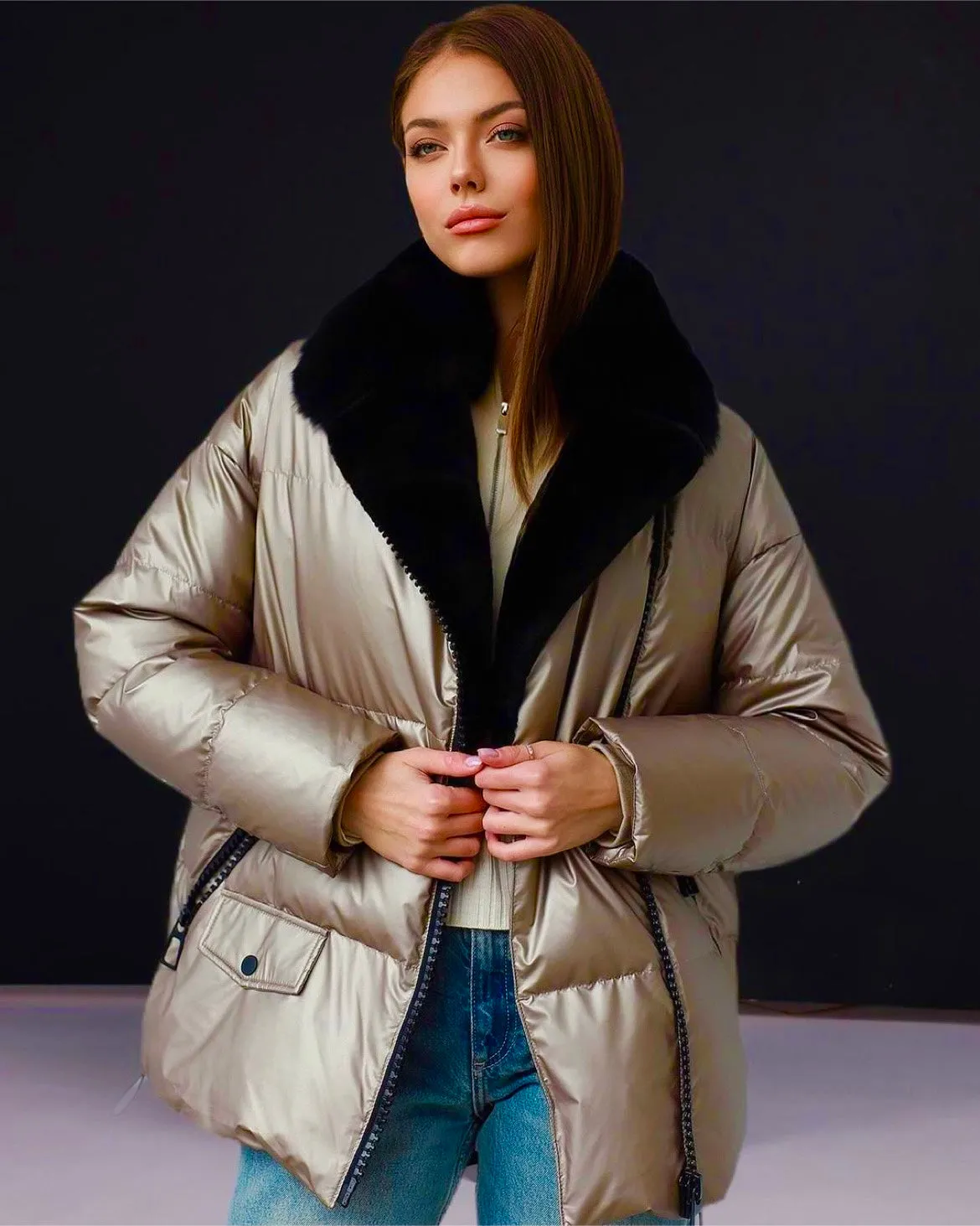 Water-Repellent Coat with Genuine Polar Fox Fur Down Fill