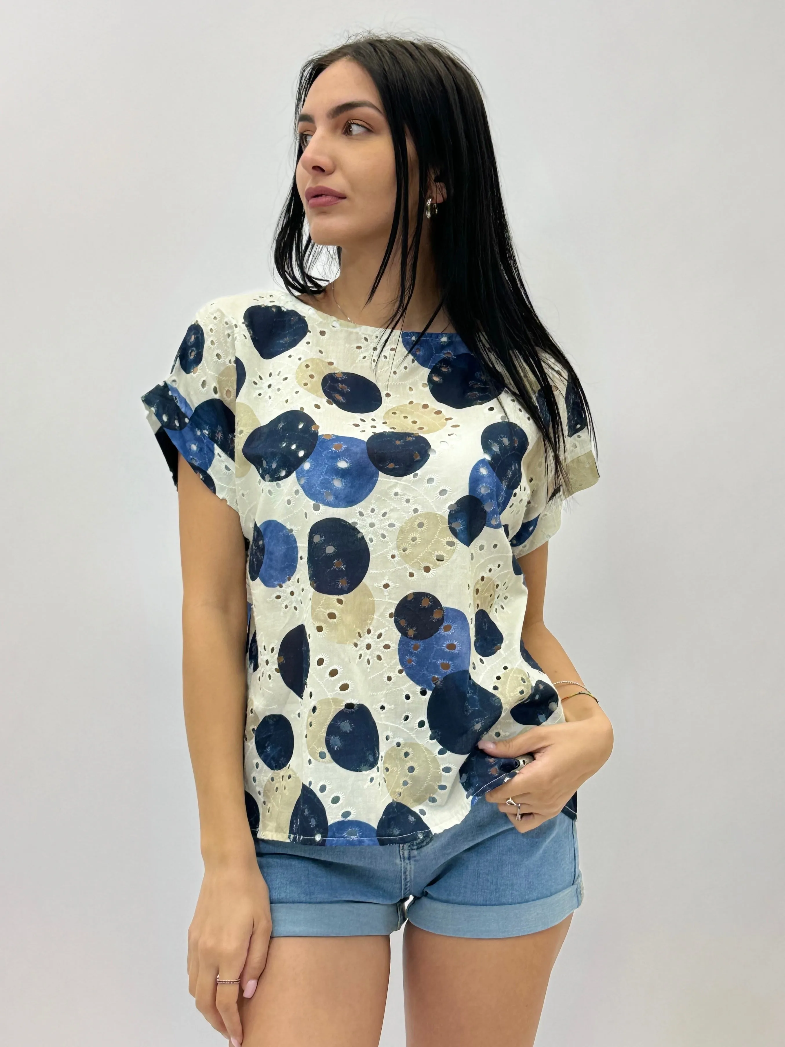 Wholesale broderie anglaise lace top with print.