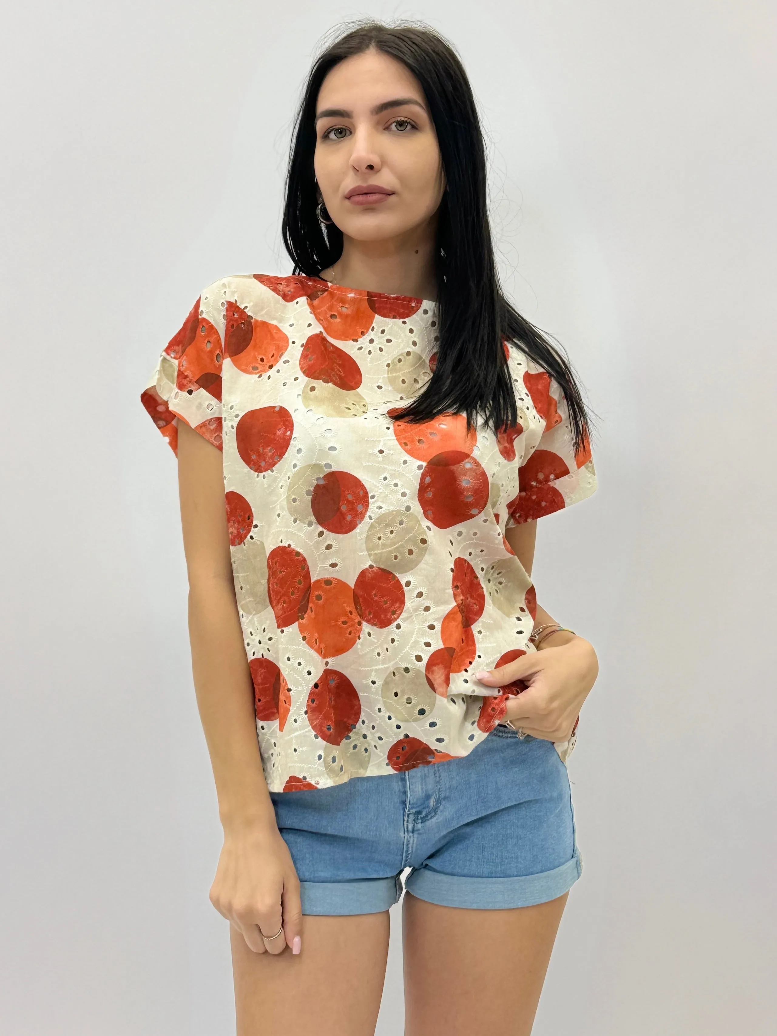 Wholesale broderie anglaise lace top with print.