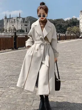 Winter overcoat women's ecru white with lapel and belt