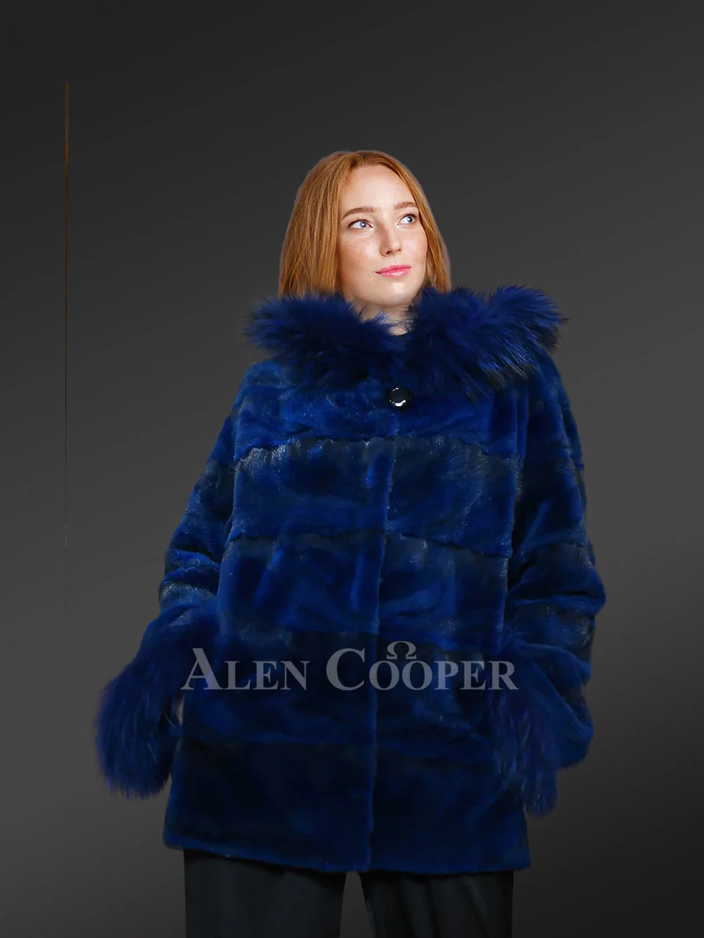 Womens Blue Mink Coat with Fox Fur