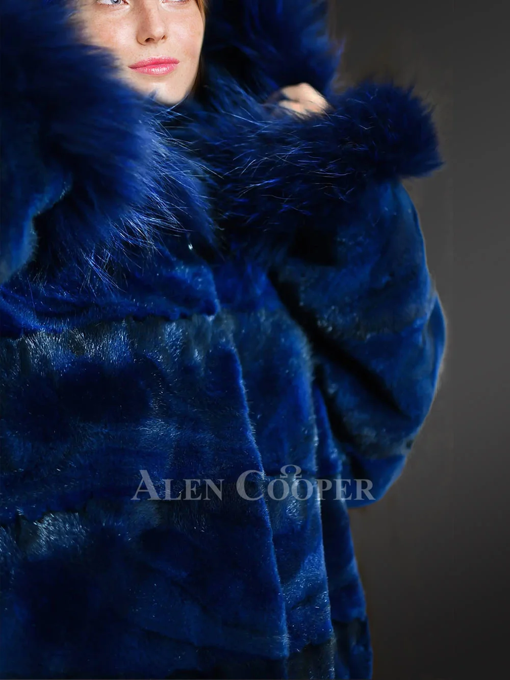 Womens Blue Mink Coat with Fox Fur