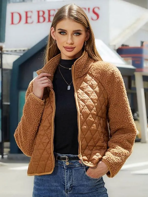 Women's Fall Winter Quilted Jacket with Stand Collar and Long Sleeves