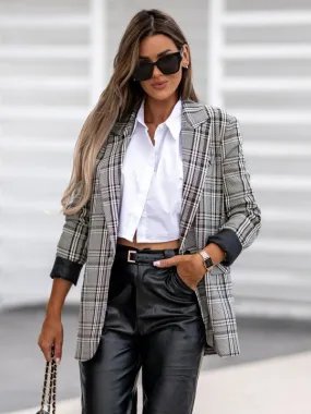 Women's Modern Plaid Blazer with Turndown Collar, Pockets, and Long Sleeves